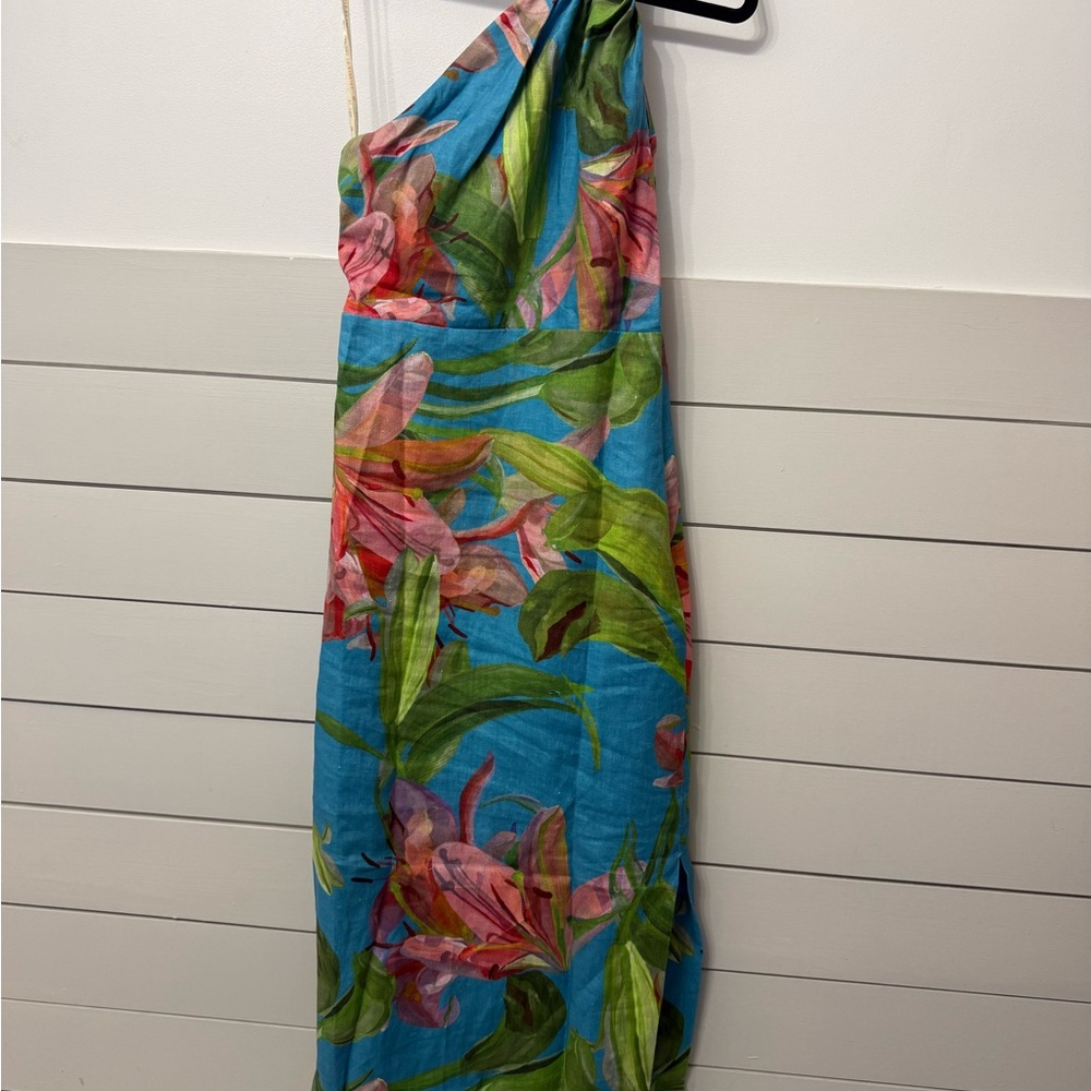 FARM Rio Blue Lily Bloom Euroflax Premium Linen Midi Dress